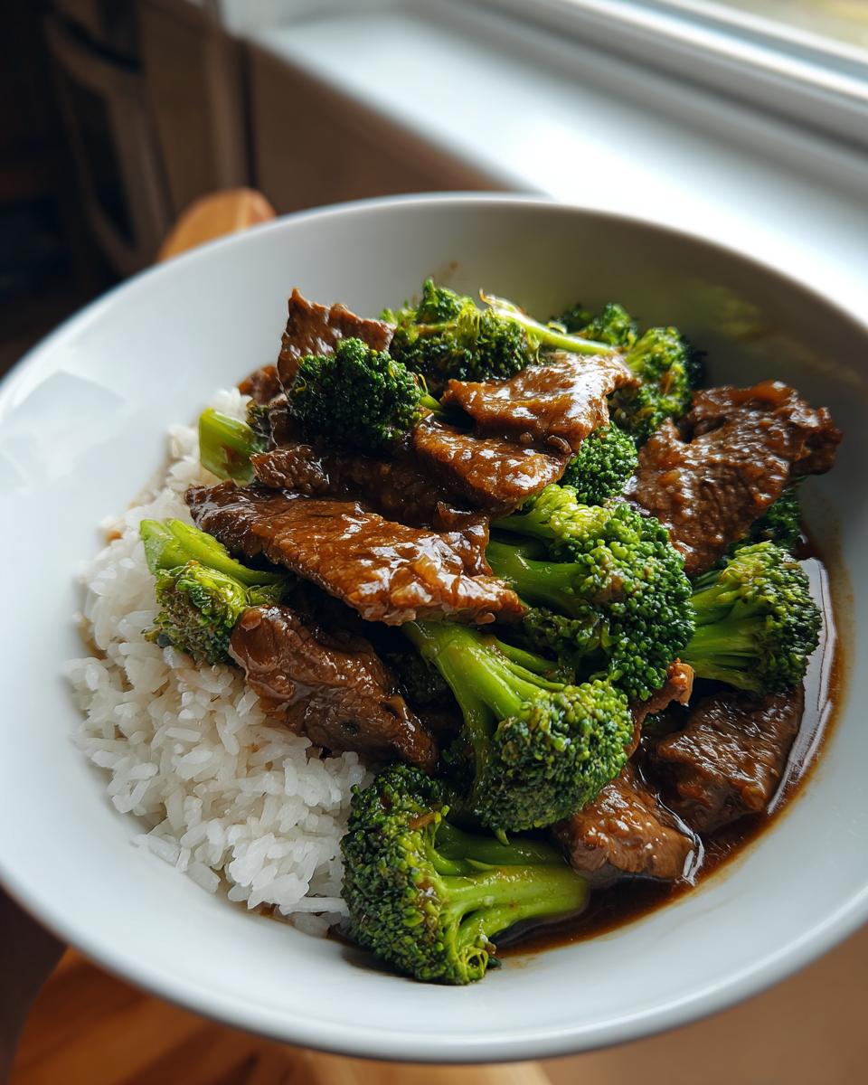 A close-up of Chinese Beef and Broccoli served over fluffy white rice in a white bowl.
