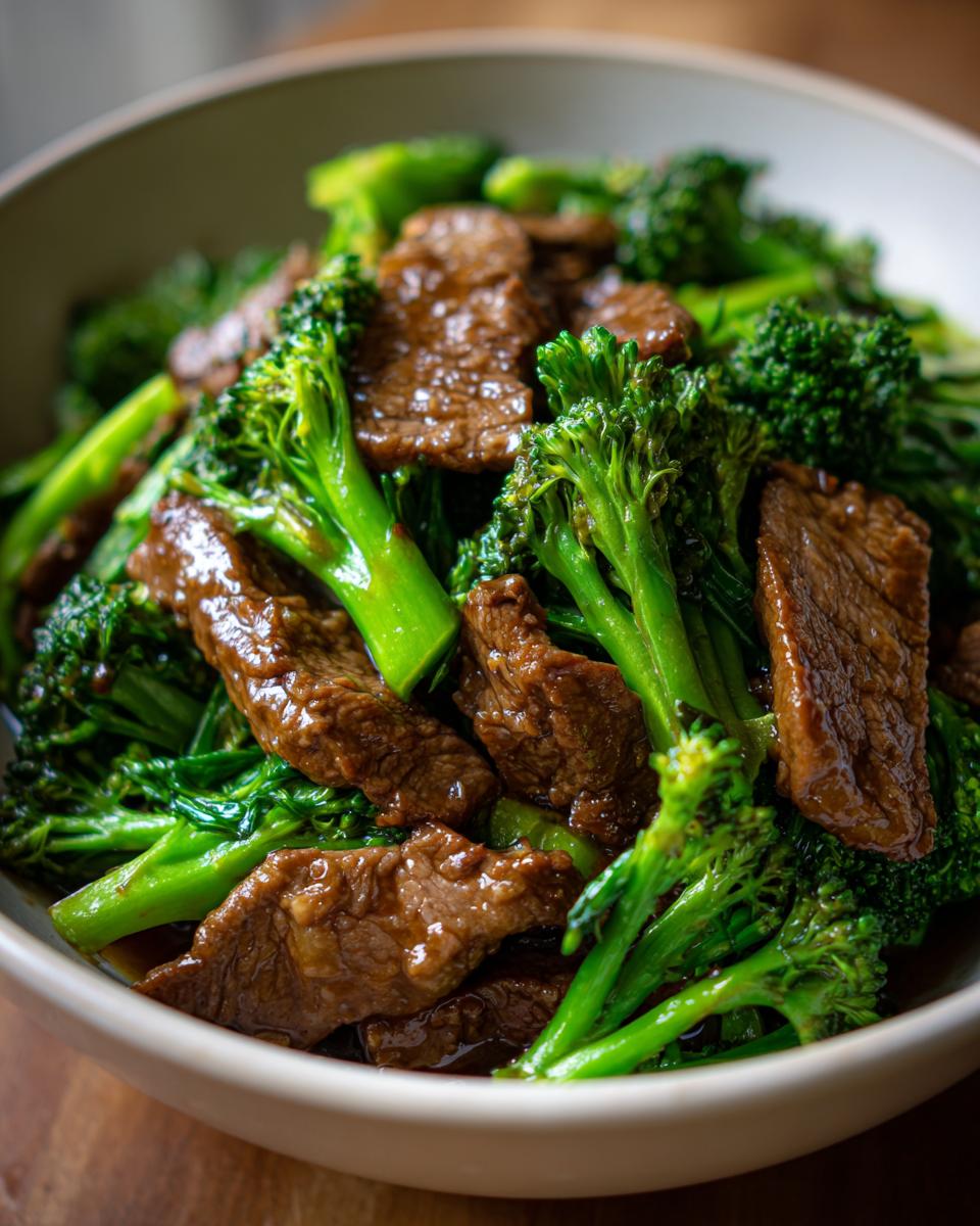 Close-up of tender slices of beef and vibrant broccoli florets in a savory sauce, a classic Chinese Beef and Broccoli dish.