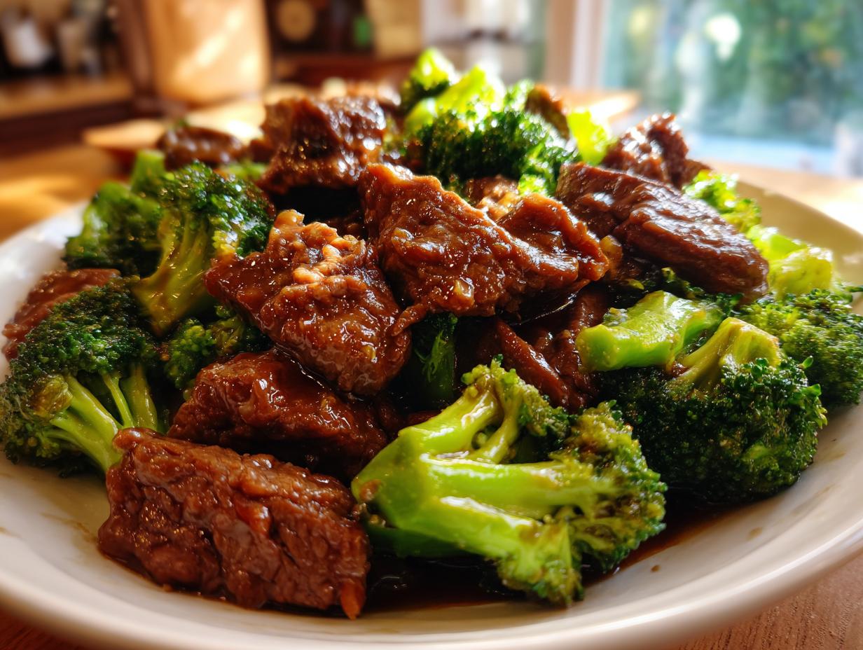 Close-up of tender slices of Chinese Beef and Broccoli coated in a glossy sauce.