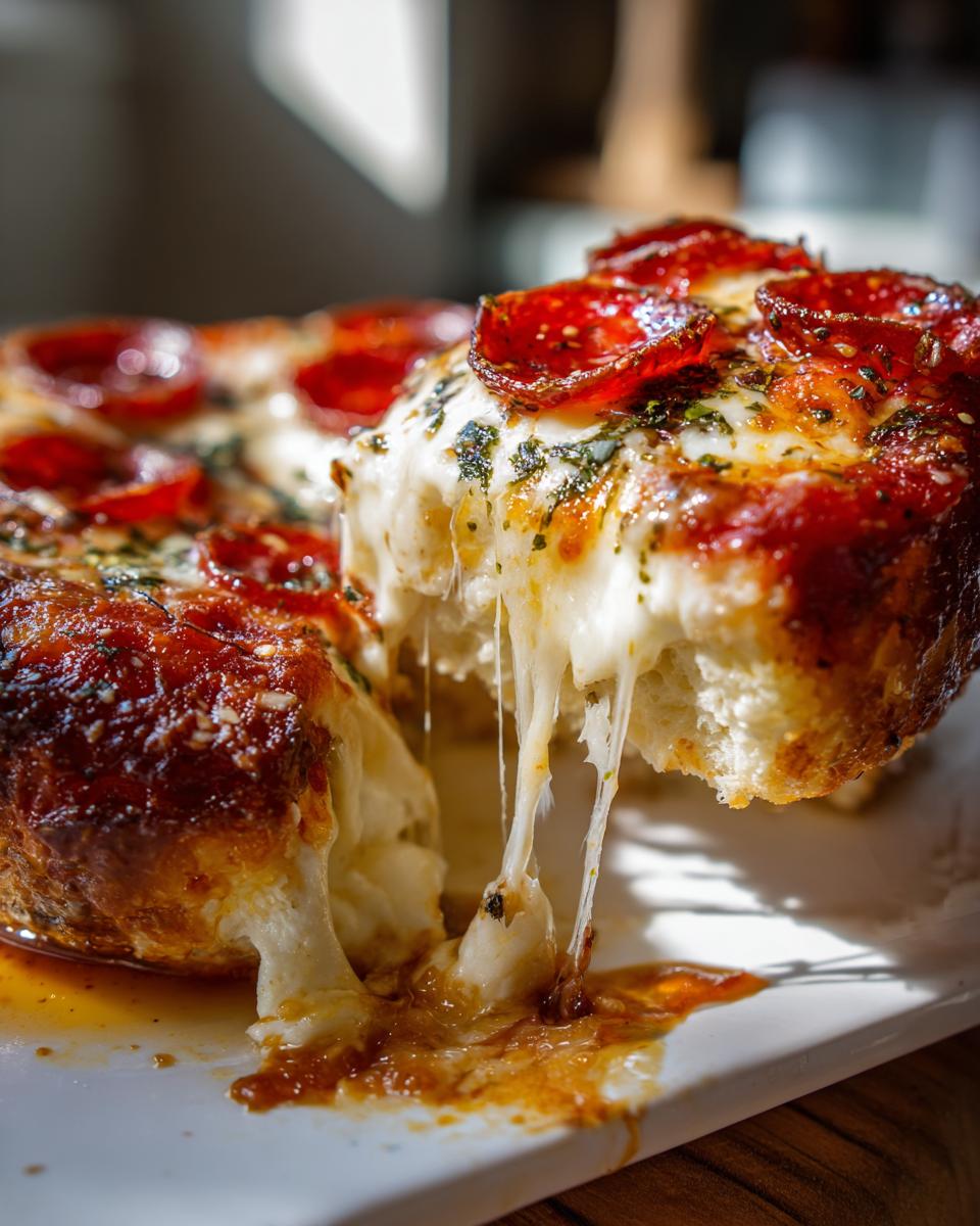 A close-up shot of a slice being pulled from a Cottage Cheese Pizza Bowl, showcasing a long, gooey cheese pull with pepperoni and herbs.