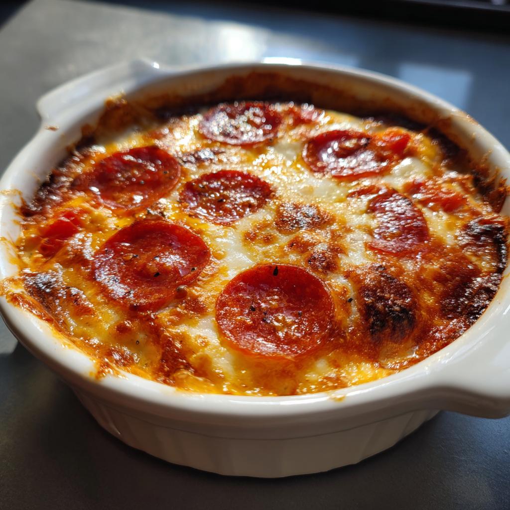 A close-up of a baked Cottage Cheese Pizza Bowl topped with melted cheese and pepperoni slices.