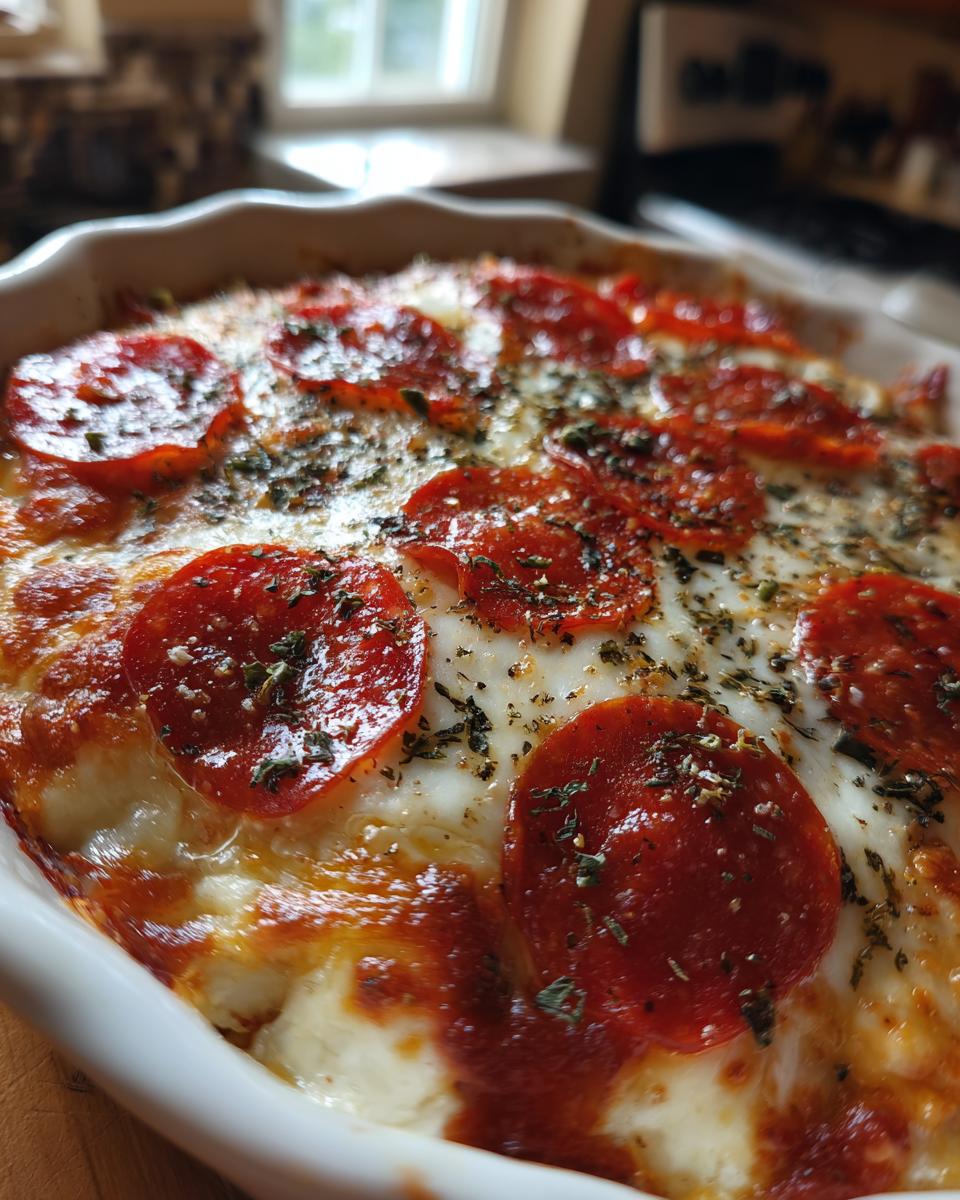 Close-up of a bubbly Cottage Cheese Pizza Bowl topped with melted cheese and pepperoni slices.