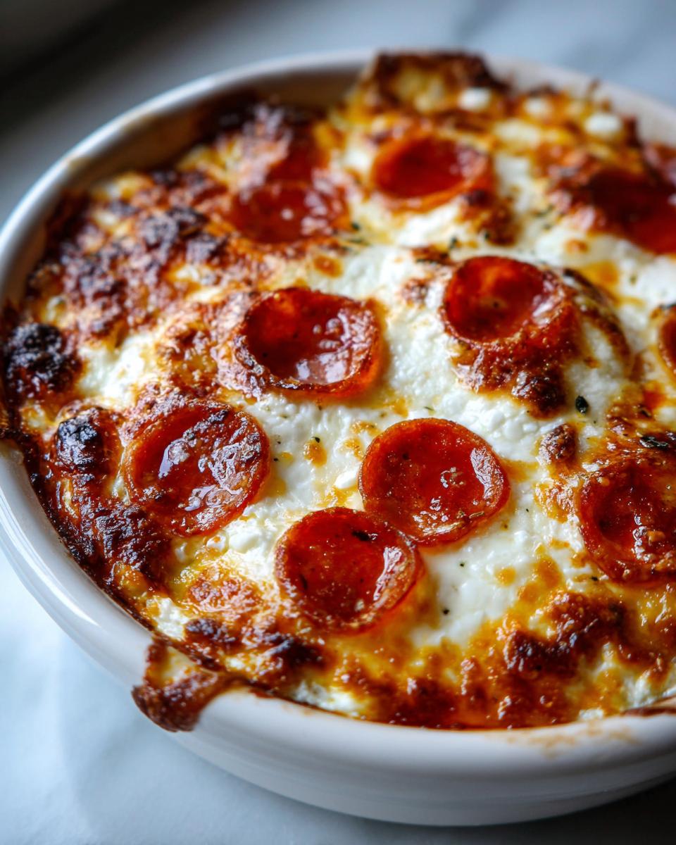 Close-up of a baked Cottage Cheese Pizza Bowl topped with melted cheese and pepperoni slices.