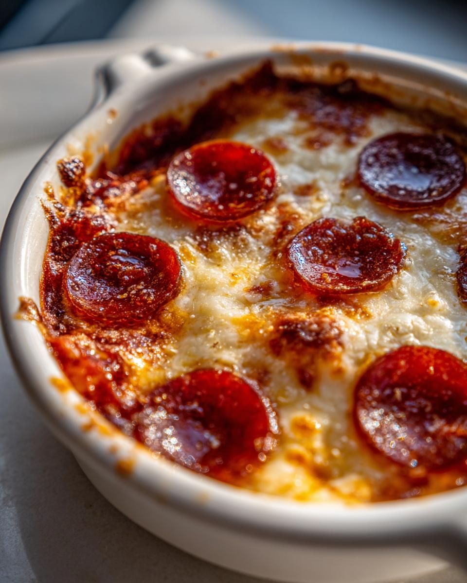 Close-up of a baked Cottage Cheese Pizza Bowl topped with melted cheese and pepperoni slices.