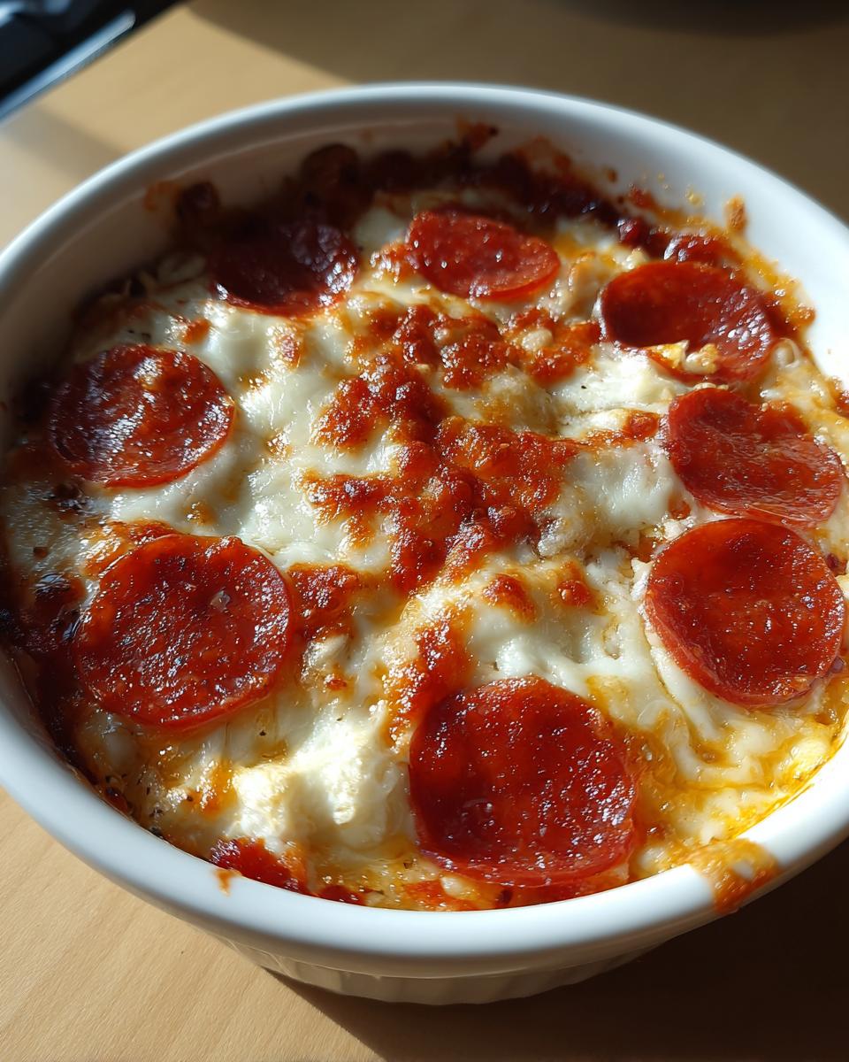 Close-up of a baked Cottage Cheese Pizza Bowl topped with melted cheese and pepperoni slices.