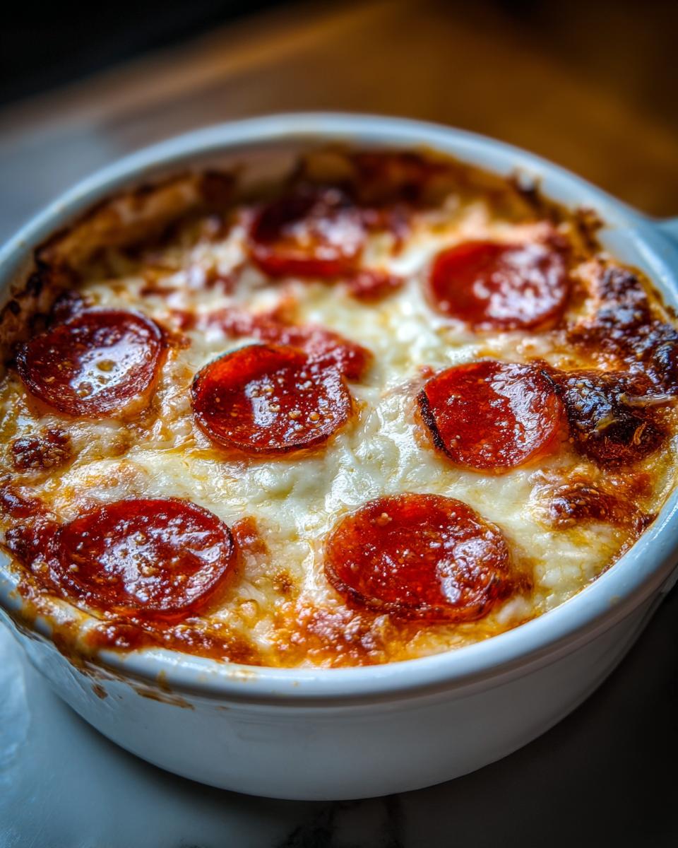 A close-up of a baked Cottage Cheese Pizza Bowl topped with melted cheese and pepperoni slices.