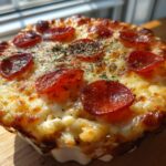 A close-up of a delicious Cottage Cheese Pizza Bowl topped with melted cheese and pepperoni slices.