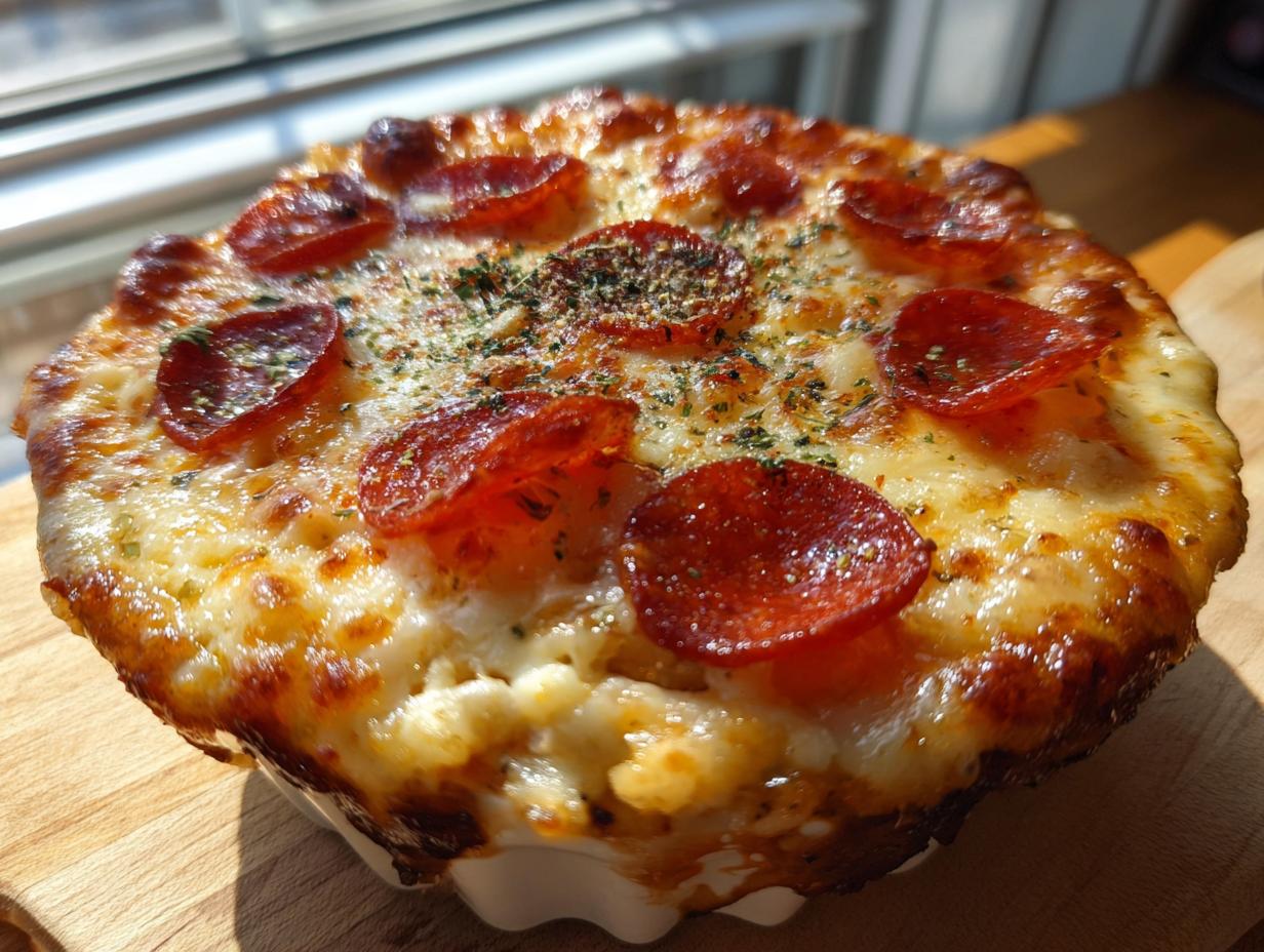 A close-up of a delicious Cottage Cheese Pizza Bowl topped with melted cheese and pepperoni slices.