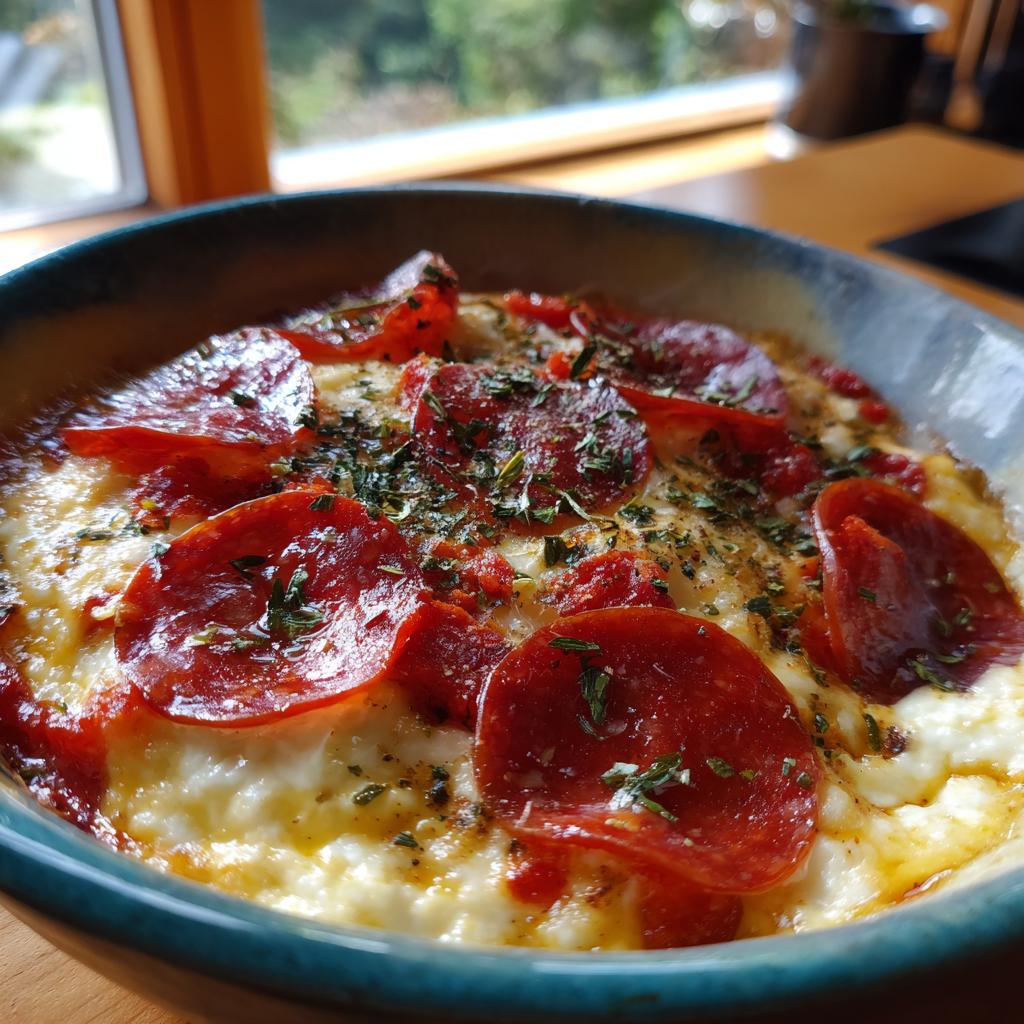 Close-up of a delicious Cottage Cheese Pizza Bowl topped with melted cheese and pepperoni slices.