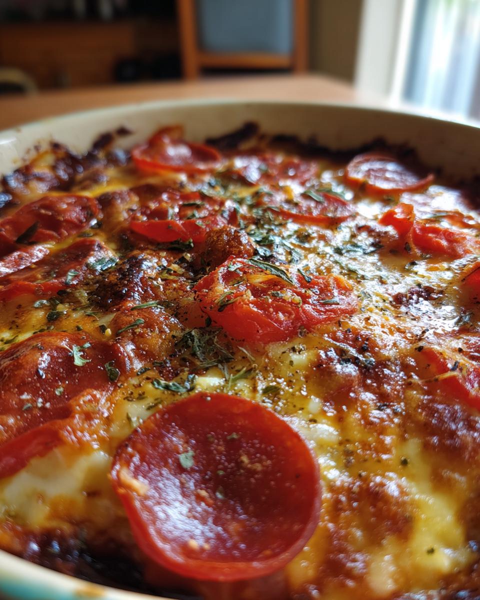 Close-up of a bubbly Cottage Cheese Pizza Bowl topped with pepperoni, tomatoes, and herbs.