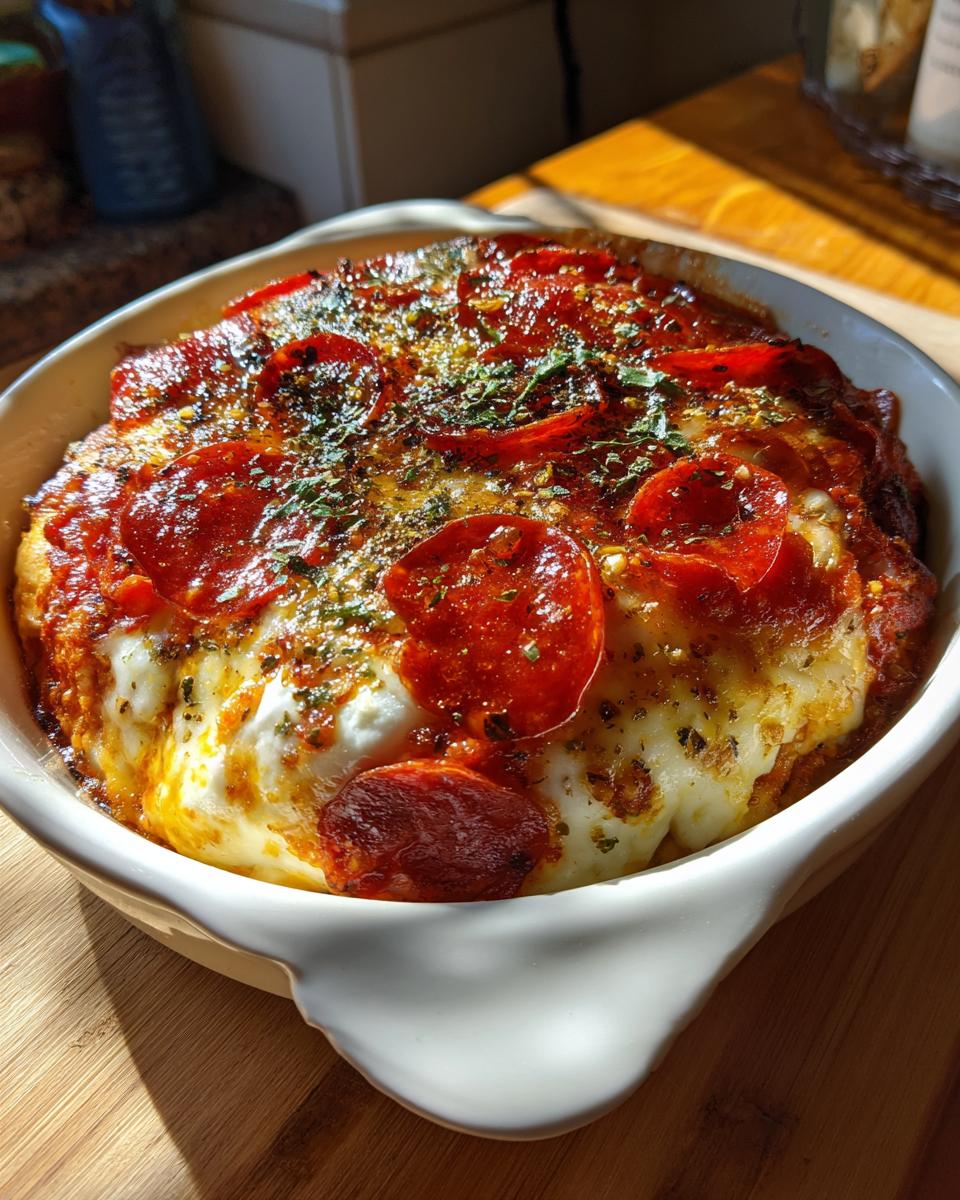A close-up of a baked Cottage Cheese Pizza Bowl topped with pepperoni, marinara sauce, and melted cheese.
