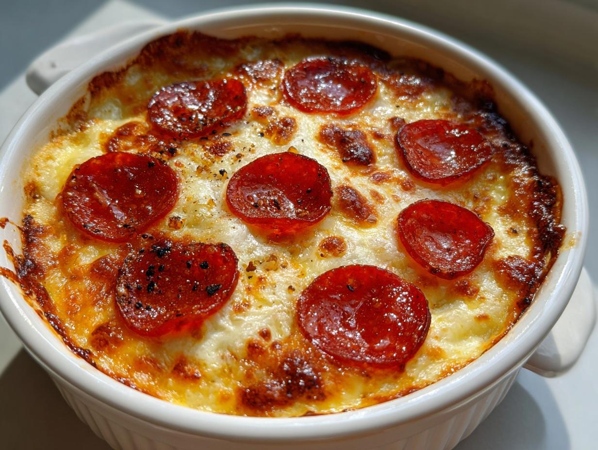 Close-up of a baked Cottage Cheese Pizza Bowl topped with melted cheese and pepperoni slices.