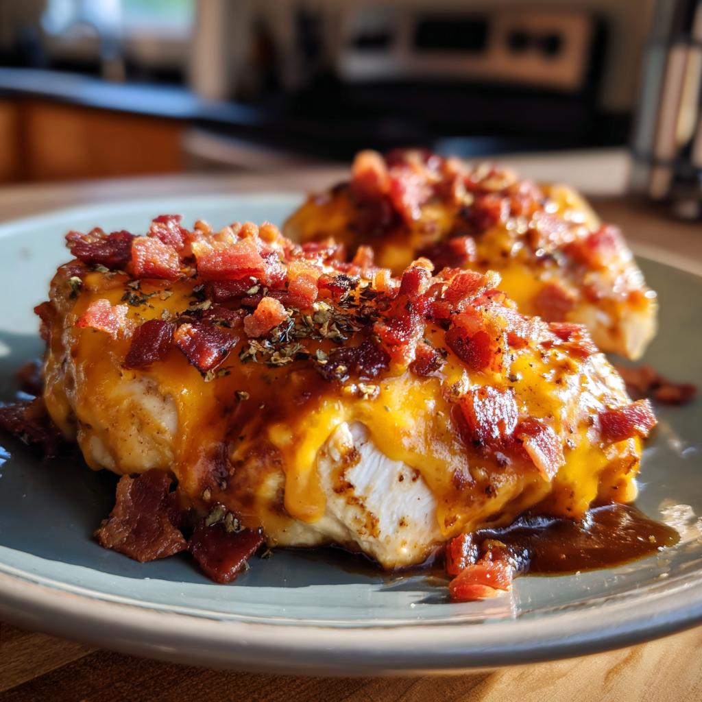 Two pieces of Cowboy BBQ Bacon Cheddar Chicken topped with melted cheddar cheese and crispy bacon bits on a plate.