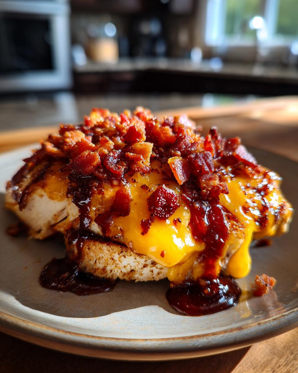 Close-up of Cowboy BBQ Bacon Cheddar Chicken topped with melted cheddar cheese and crispy bacon.