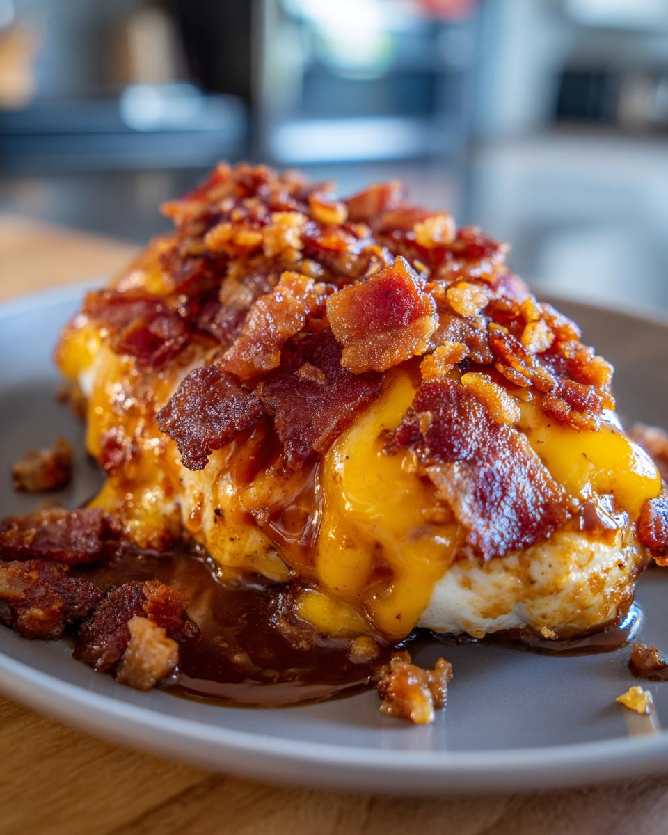 Close-up of Cowboy BBQ Bacon Cheddar Chicken, showing melted cheddar cheese and crispy bacon bits.