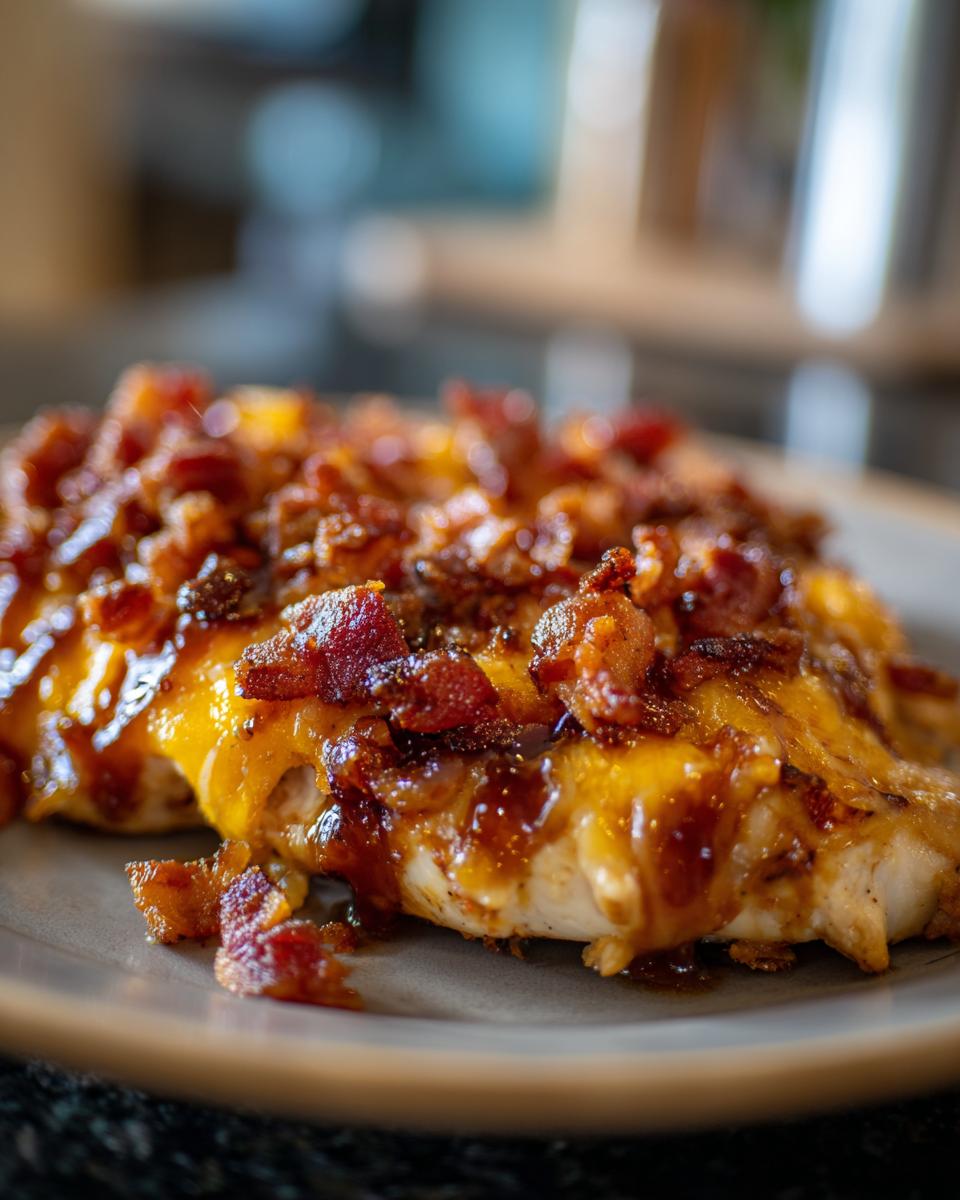 Close-up of Cowboy BBQ Bacon Cheddar Chicken breast topped with melted cheddar cheese and crispy bacon bits.