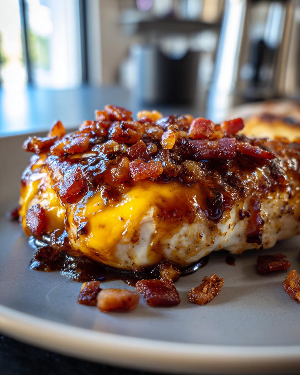 A close-up of Cowboy BBQ Bacon Cheddar Chicken, topped with melted cheddar cheese and crispy bacon bits.