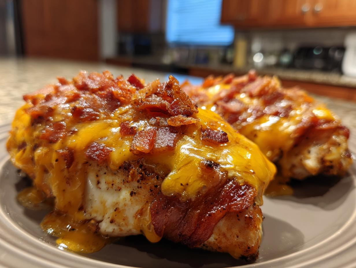 Close-up of delicious Cowboy BBQ Bacon Cheddar Chicken, topped with melted cheddar cheese and crispy bacon.