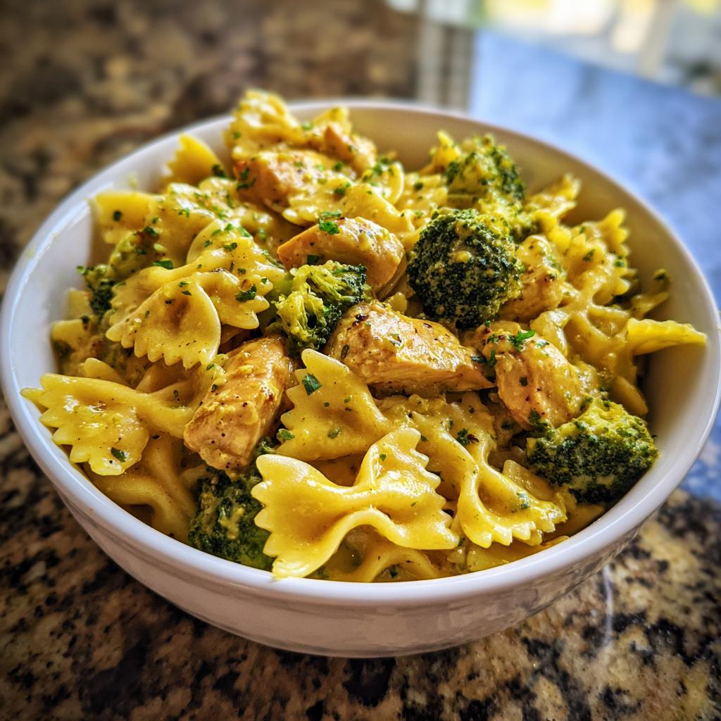 A bowl of Cowboy Butter Lemon Bowtie Chicken Pasta with Broccoli, garnished with parsley.