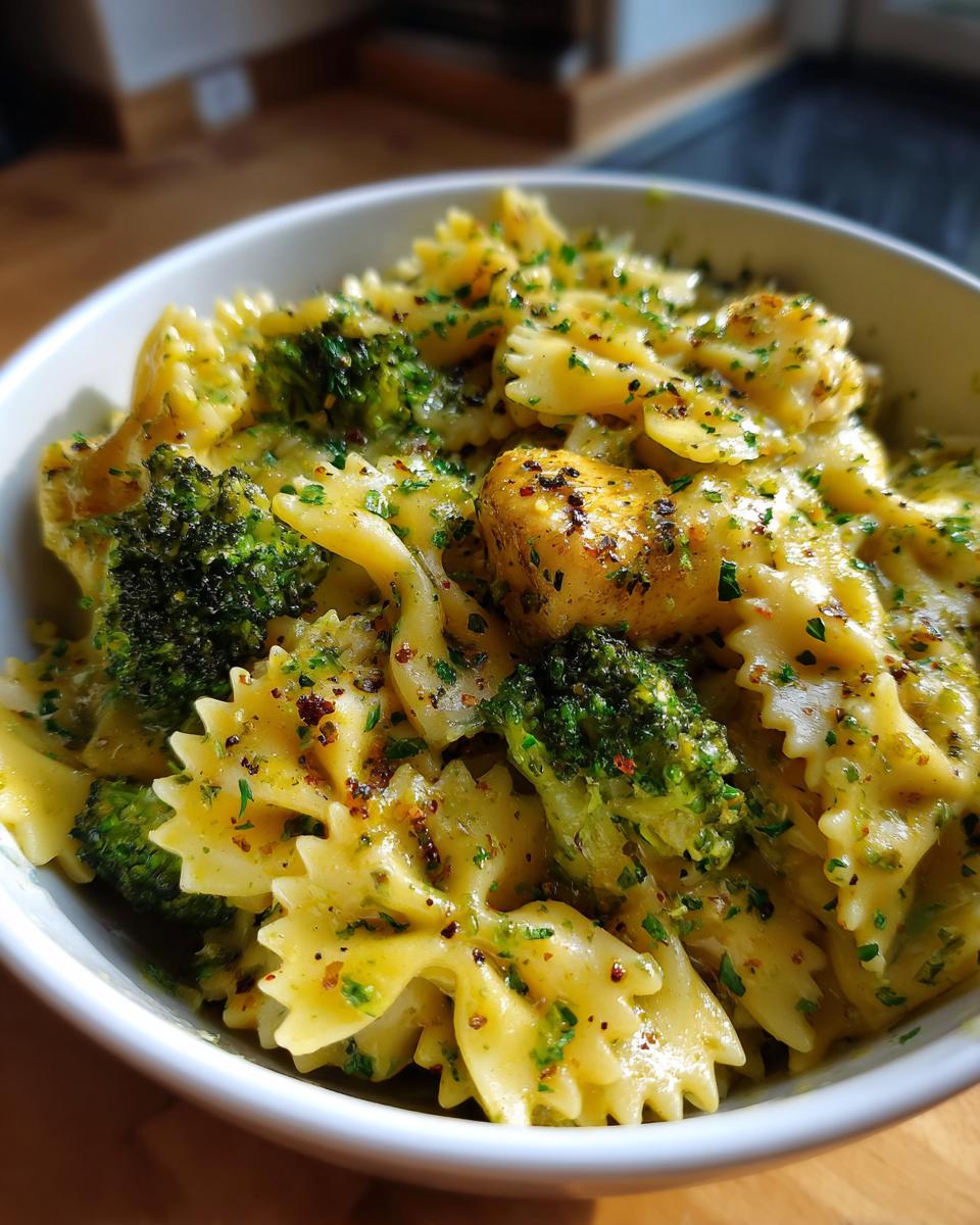 Close-up of Cowboy Butter Lemon Bowtie Chicken Pasta with Broccoli, featuring farfalle pasta, tender chicken pieces, and vibrant green broccoli florets in a creamy sauce.