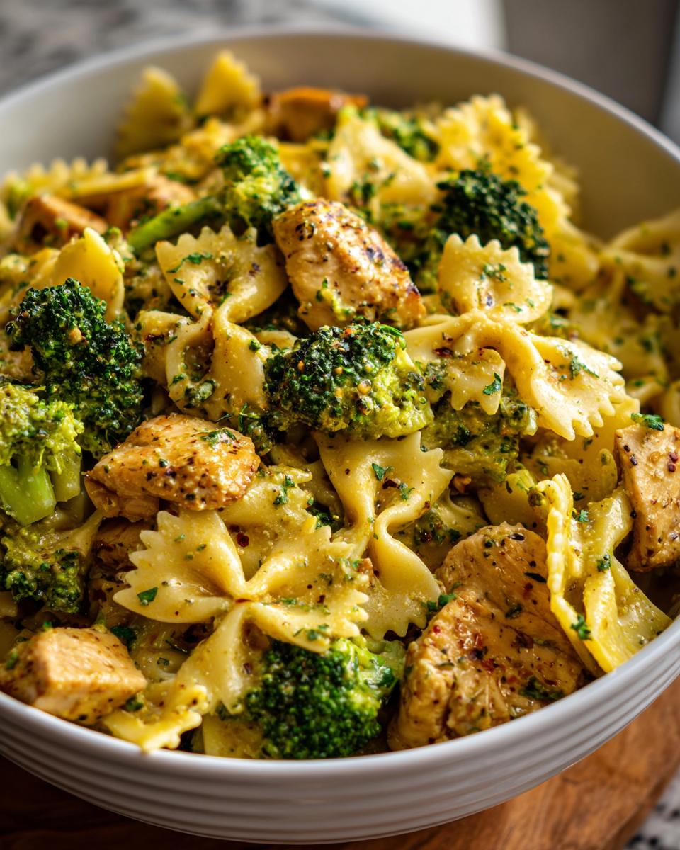 A bowl of Cowboy Butter Lemon Bowtie Chicken Pasta with Broccoli, featuring pasta, chicken pieces, and florets in a creamy sauce.