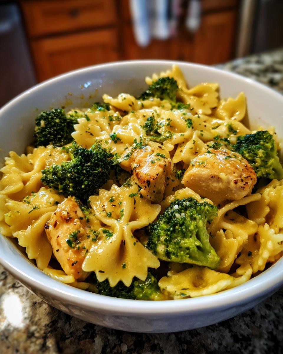 A bowl of Cowboy Butter Lemon Bowtie Chicken Pasta with Broccoli, garnished with parsley.