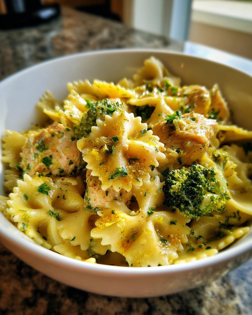 A bowl of Cowboy Butter Lemon Bowtie Chicken Pasta with Broccoli, garnished with parsley.