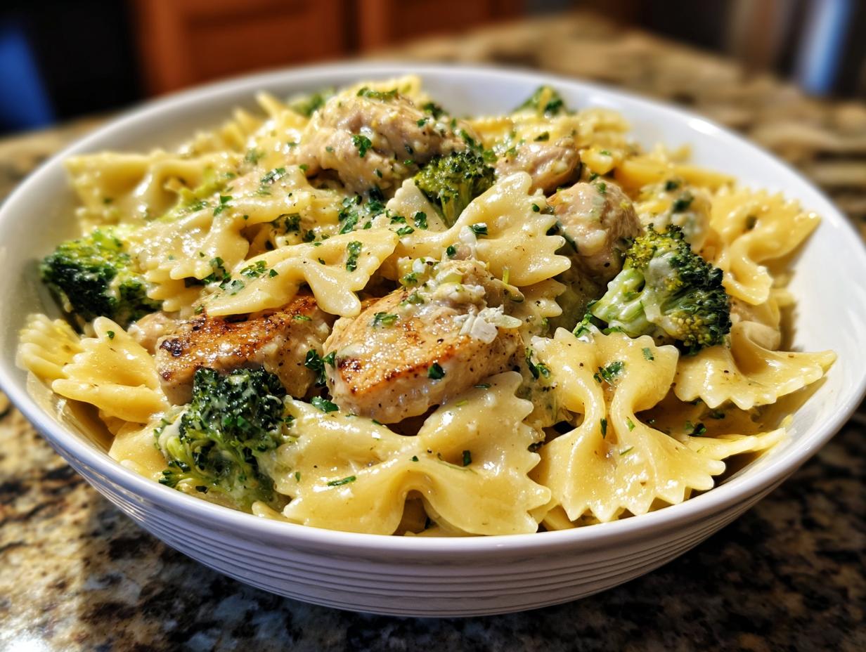 A bowl of Cowboy Butter Lemon Bowtie Chicken Pasta with Broccoli, featuring farfalle pasta, chicken pieces, and florets in a creamy sauce.