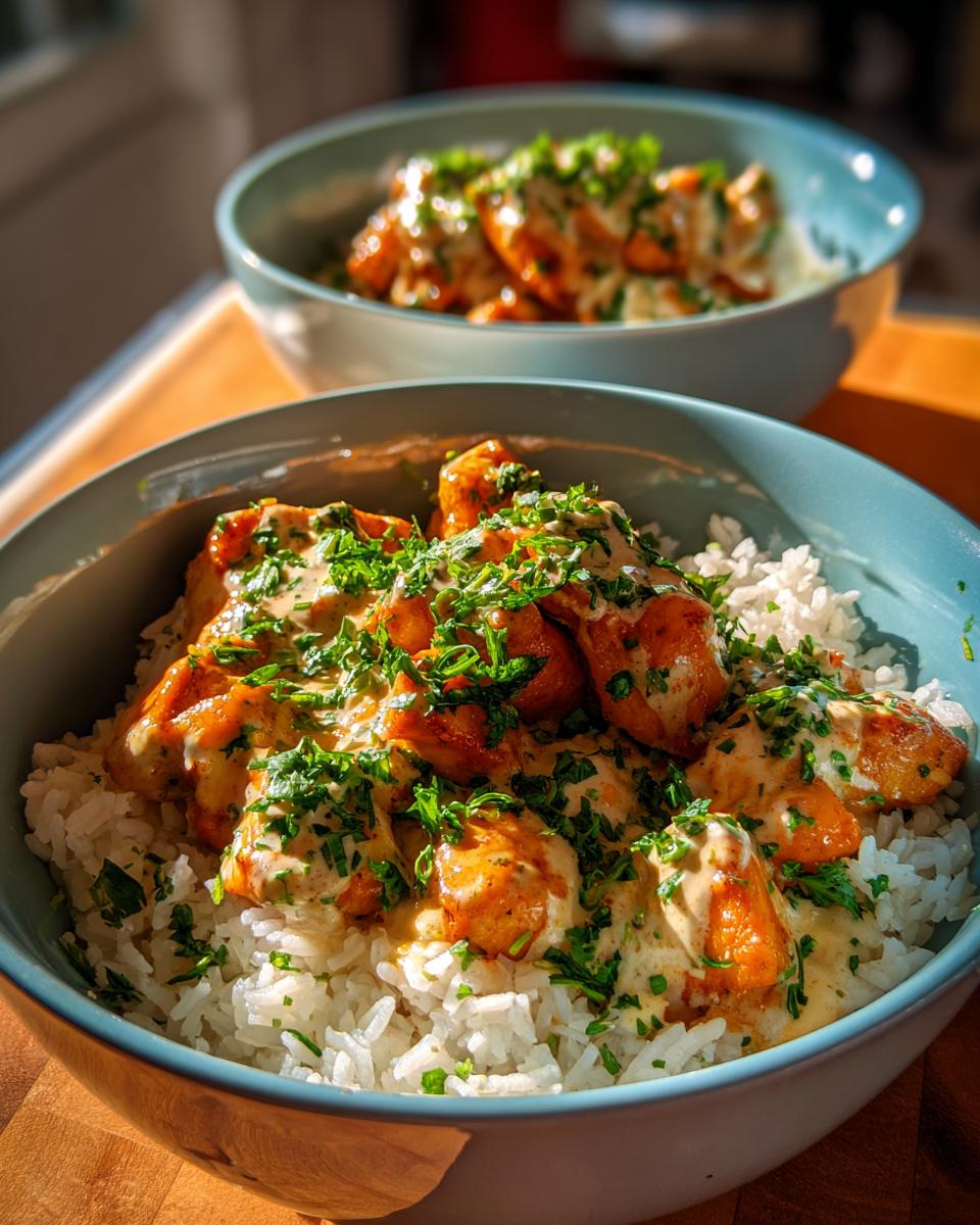 Close-up of a Creamy Cajun Chicken & Rice Bowl, featuring tender chicken pieces in a rich sauce over fluffy white rice, garnished with fresh parsley.