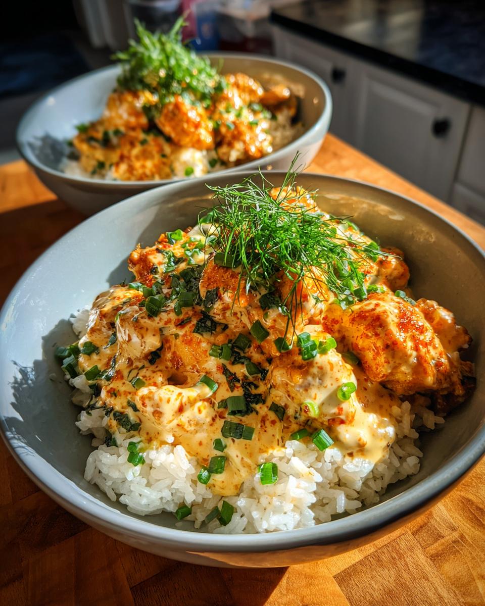 Two bowls of Creamy Cajun Chicken & Rice Bowls, topped with fresh herbs and chives.
