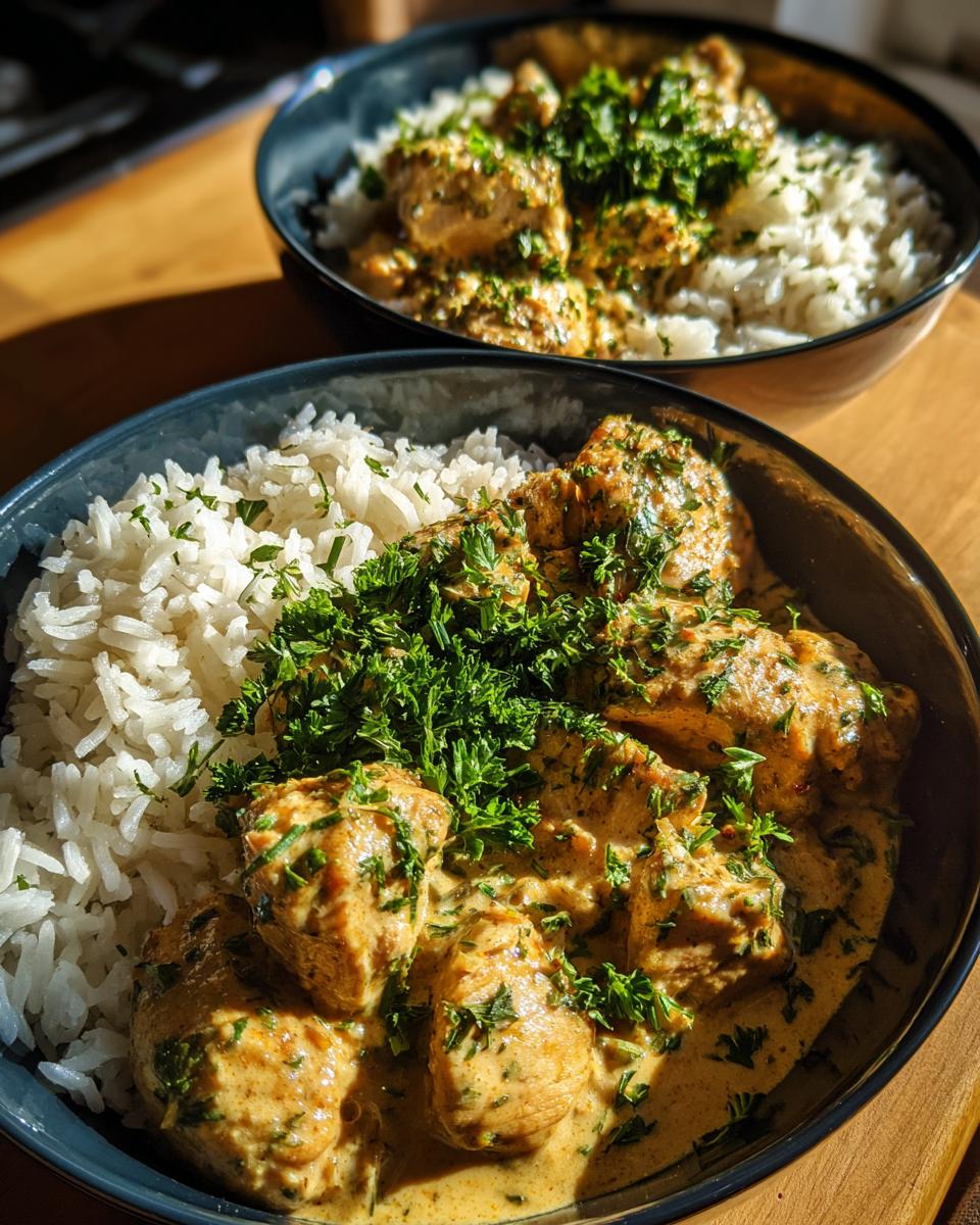 Close-up of a bowl of Creamy Cajun Chicken & Rice Bowls, featuring tender chicken pieces in a rich sauce served over fluffy white rice and garnished with fresh parsley.