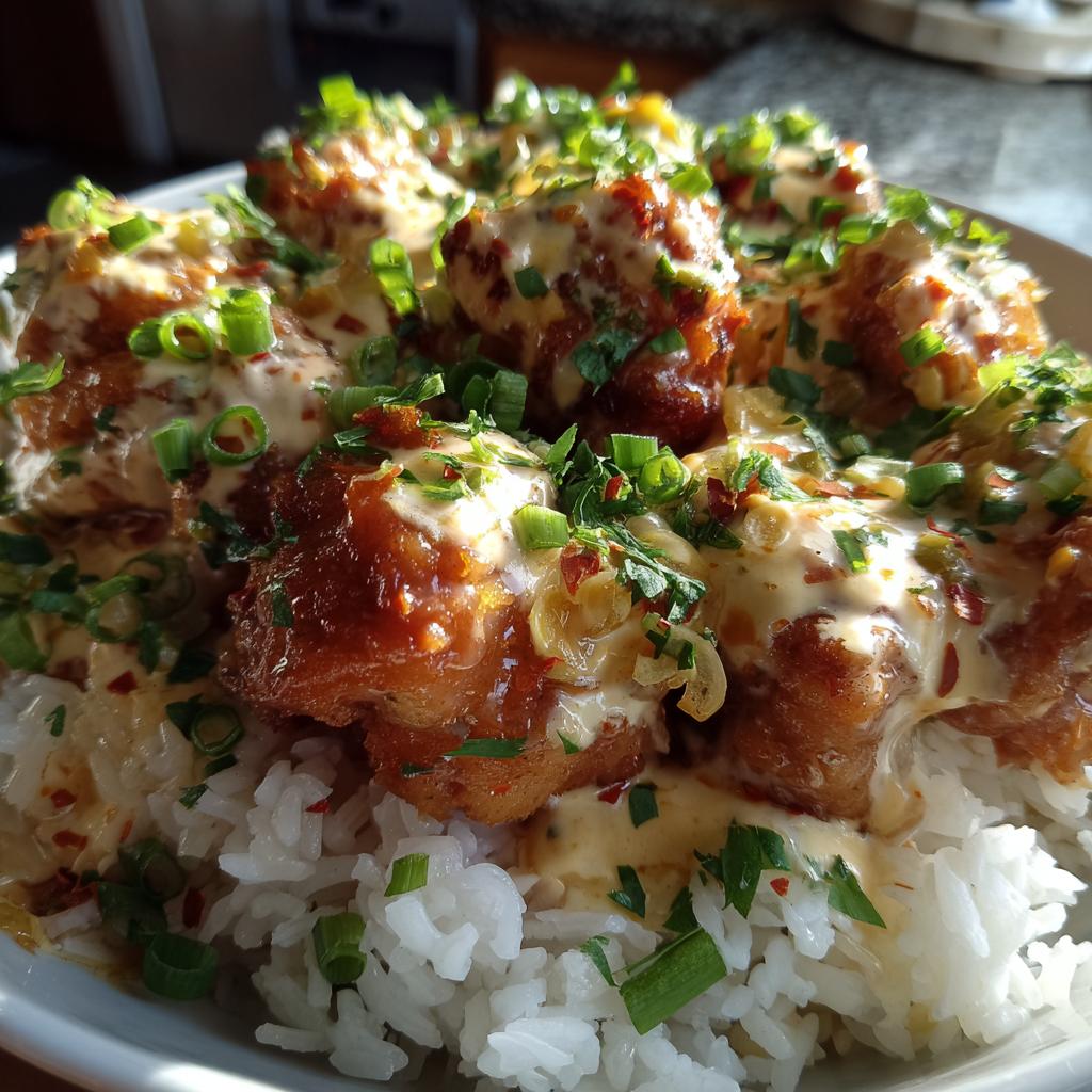 A close-up of Creamy Cajun Chicken & Rice Bowls, featuring crispy chicken pieces over white rice, drizzled with sauce and garnished with green onions.