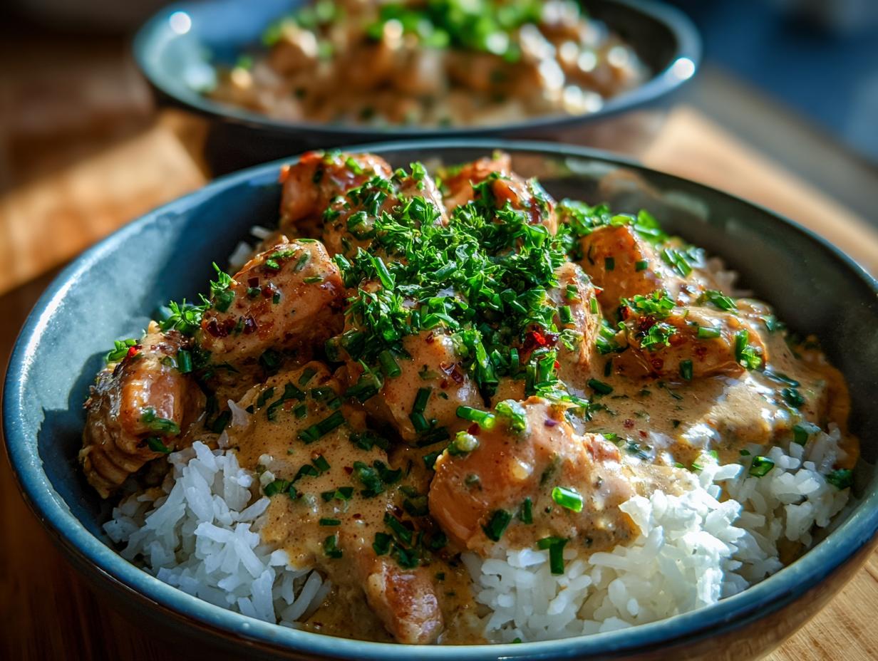 Close-up of a bowl filled with fluffy white rice topped with tender chicken pieces in a creamy Cajun sauce, garnished with fresh herbs.