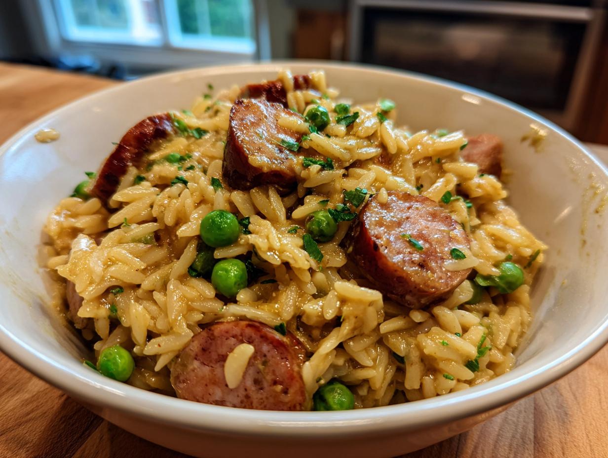 A close-up of a white bowl filled with Creamy Chicken Sausage Orzo, featuring orzo pasta, sliced sausage, and peas, garnished with parsley.