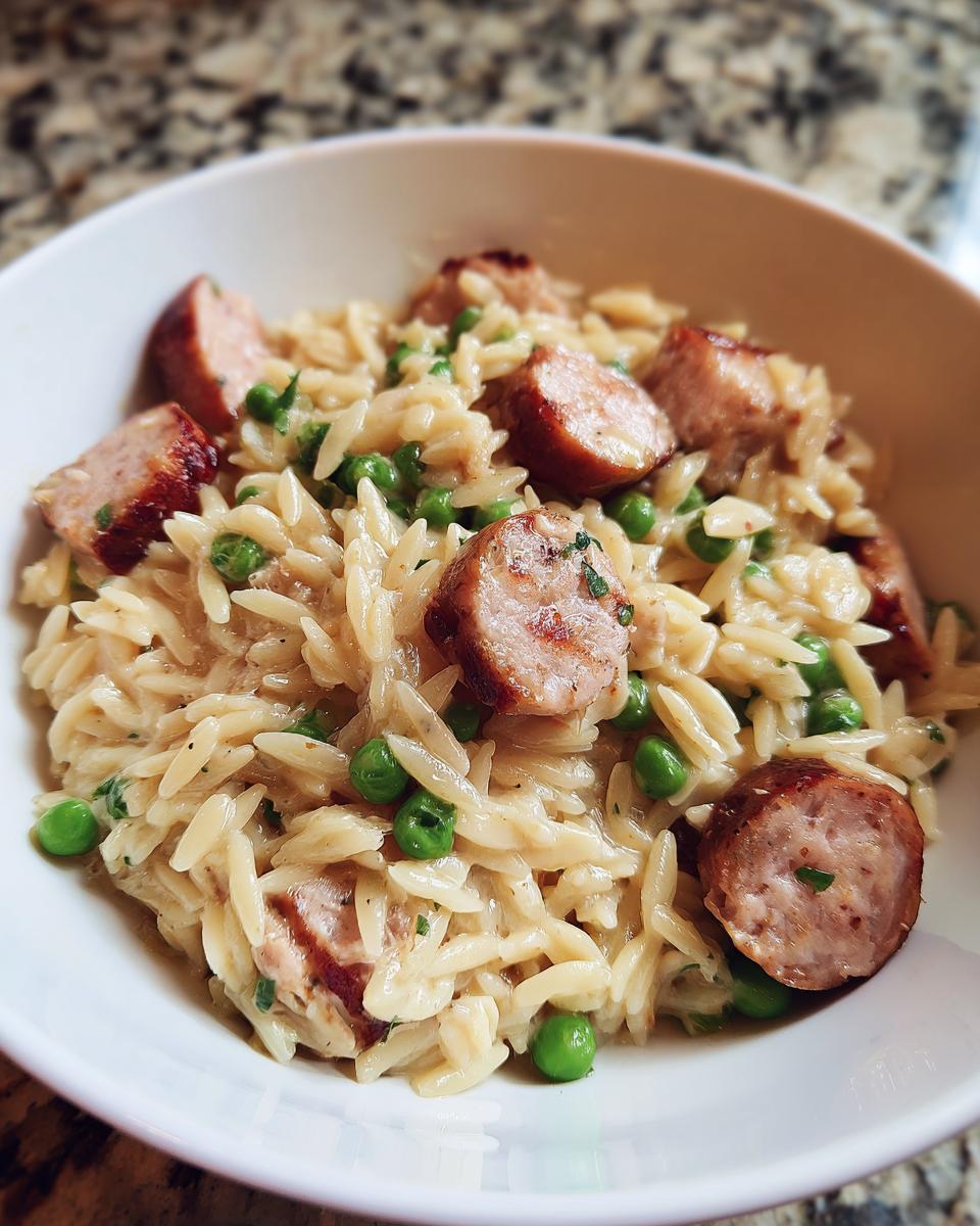 A close-up of a white bowl filled with creamy chicken sausage orzo and bright green peas.