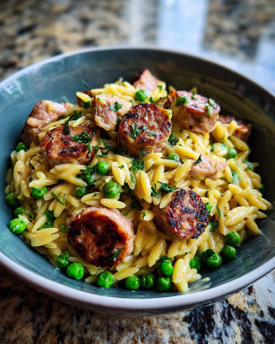 A close-up of a bowl of creamy chicken sausage orzo with bright green peas and chopped parsley.