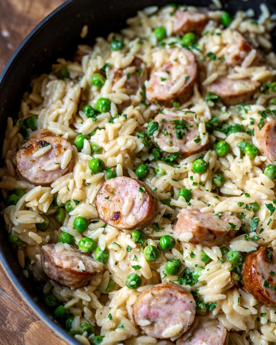 Close-up of creamy chicken sausage orzo with bright green peas and chopped parsley.