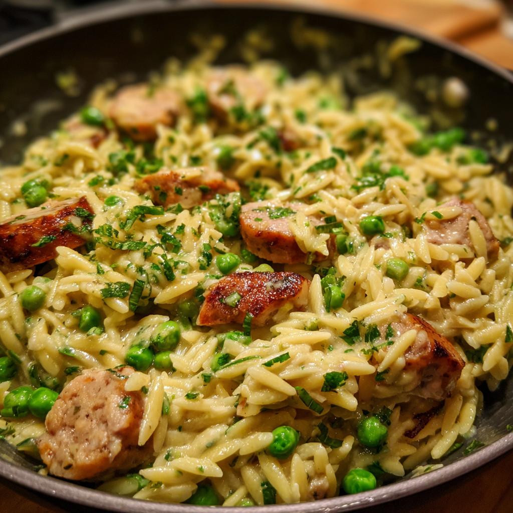A close-up of creamy chicken sausage orzo with peas and parsley in a pan.