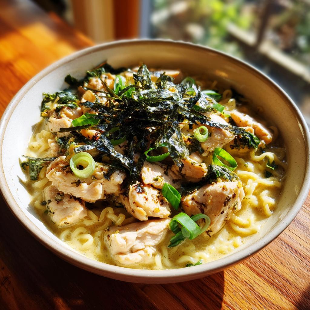 A close-up of a bowl of Creamy Garlic Chicken Ramen, topped with nori and green onions.