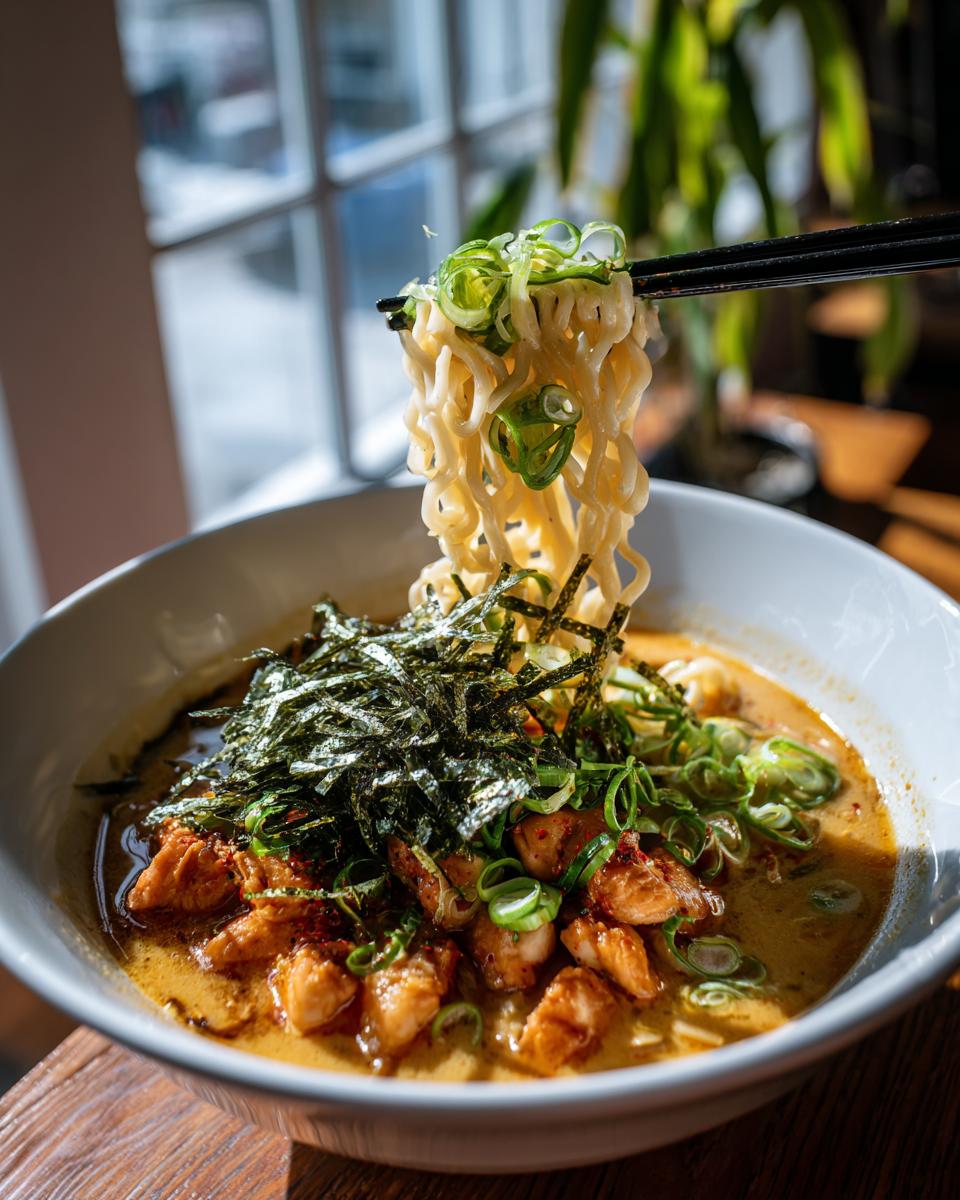 A bowl of Creamy Garlic Chicken Ramen with noodles being lifted by chopsticks, topped with nori and green onions.