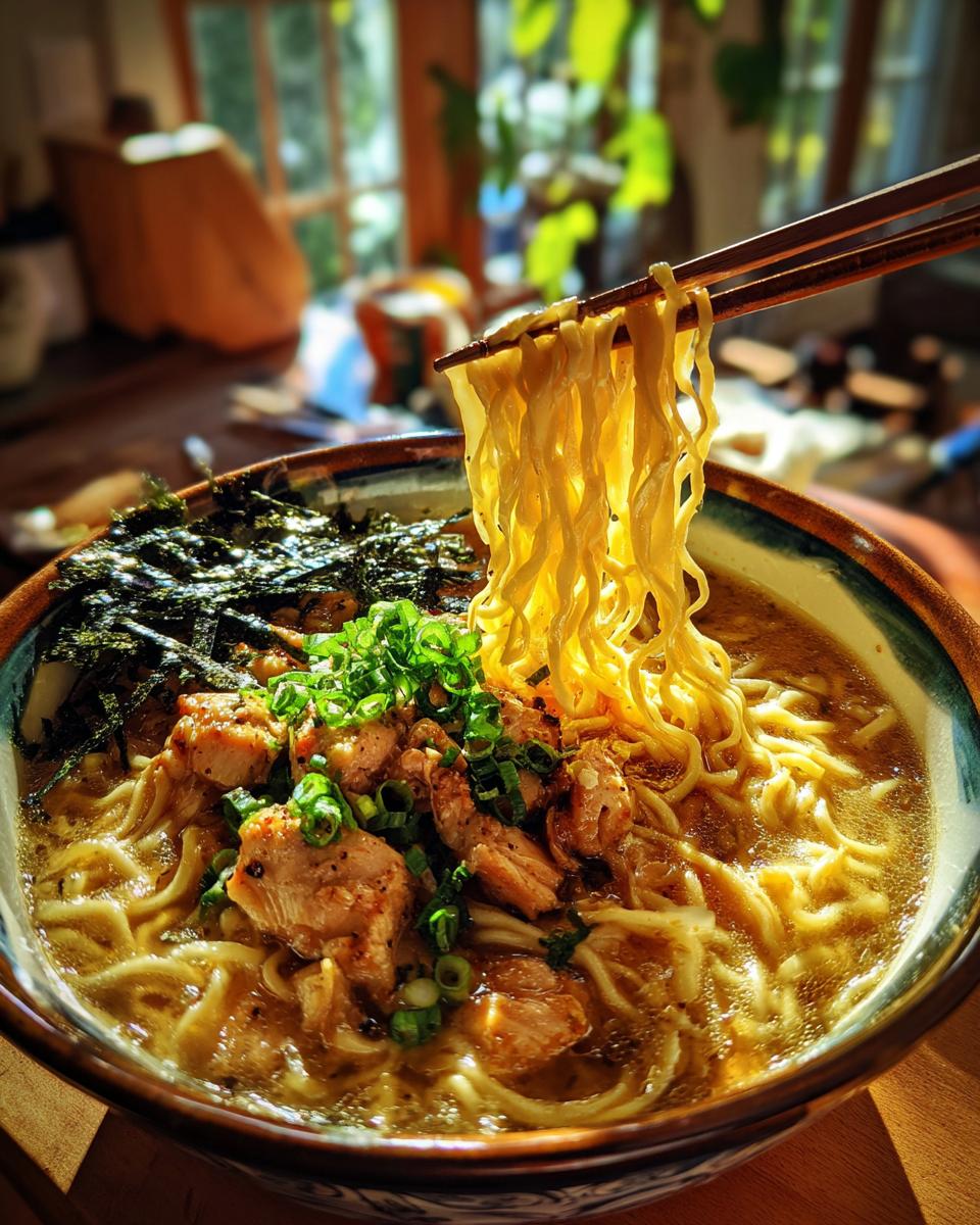 A bowl of Creamy Garlic Chicken Ramen with noodles being lifted by chopsticks, topped with chicken, nori, and green onions.
