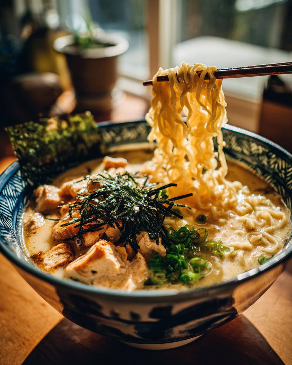 Close-up of Creamy Garlic Chicken Ramen being lifted with chopsticks, showing noodles, chicken, and nori.