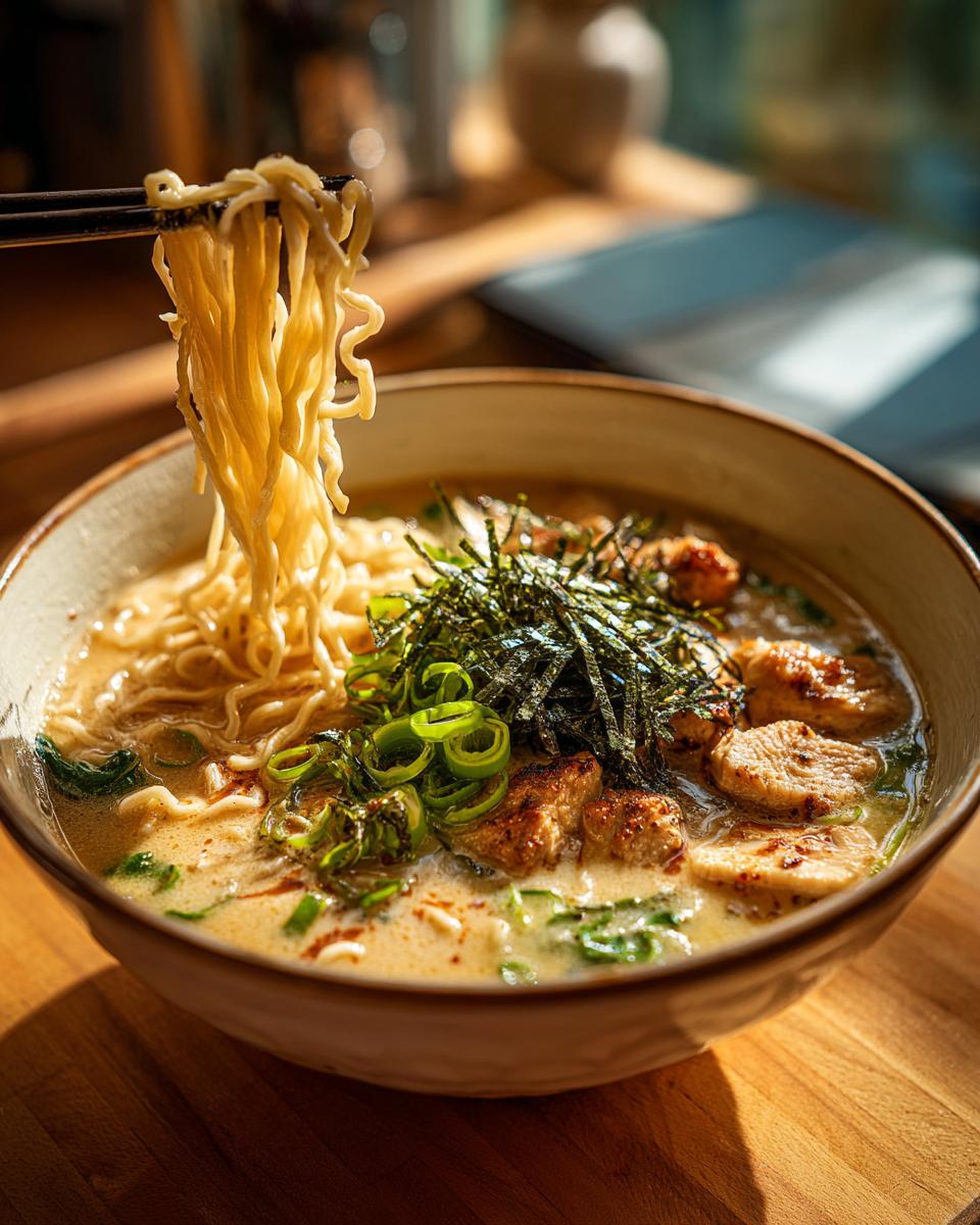 A close-up of creamy garlic chicken ramen, with noodles being lifted by chopsticks, topped with nori and green onions.