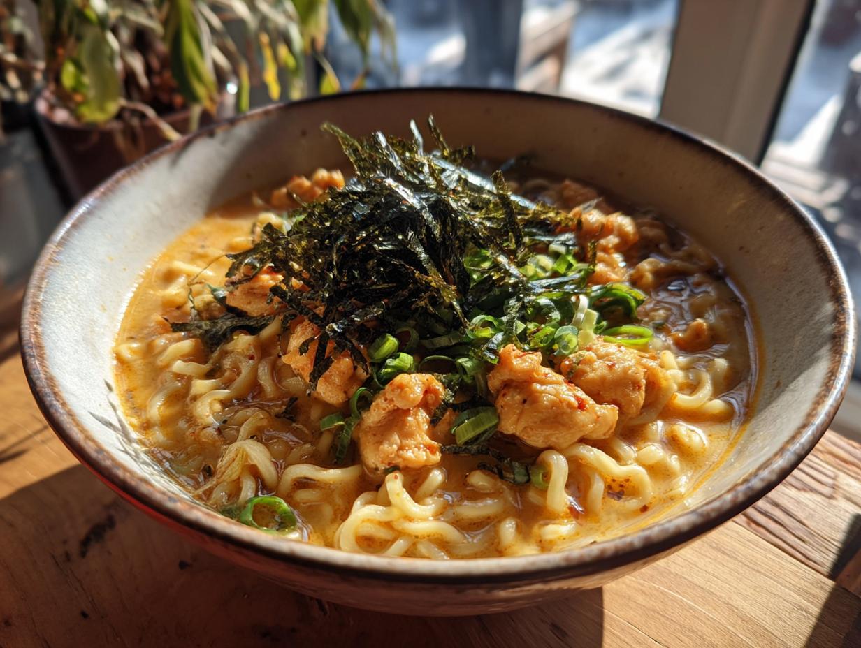A steaming bowl of Creamy Garlic Chicken Ramen, topped with nori and green onions.