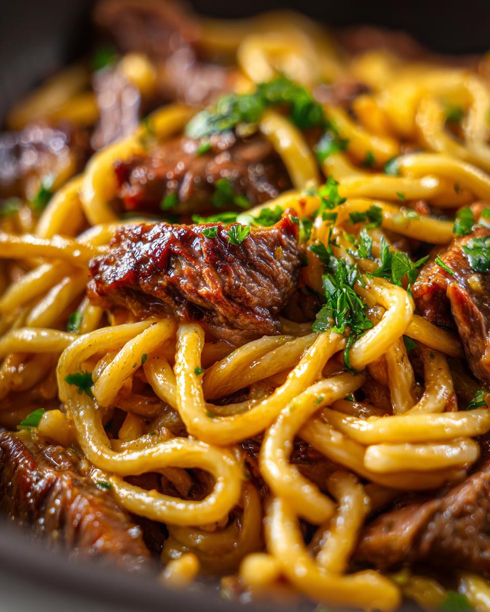 Close-up of a bowl of Creamy High Protein Beef Pasta, featuring tender beef chunks and thick pasta noodles, garnished with fresh parsley.