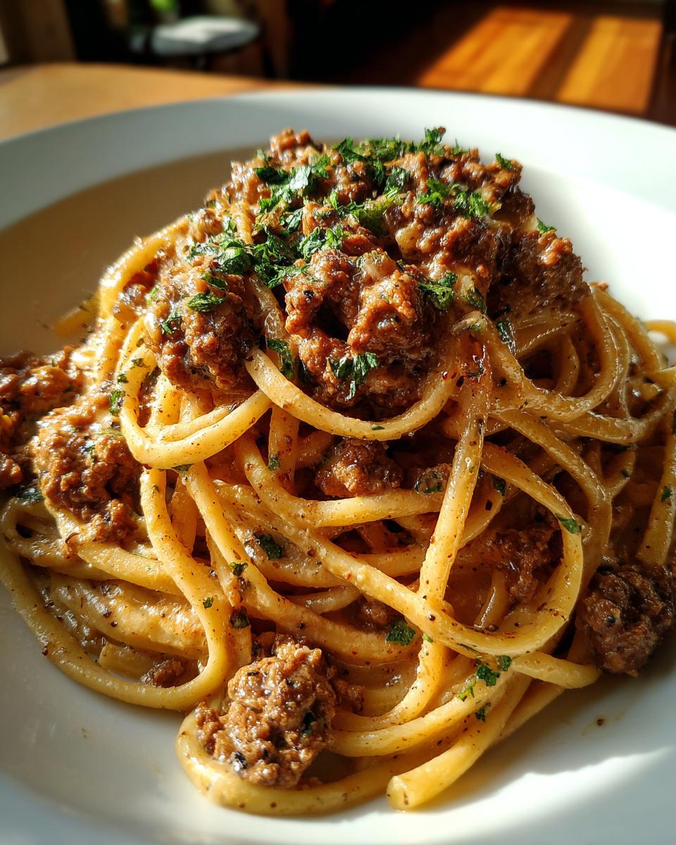 A close-up of a white bowl filled with creamy high protein beef pasta, garnished with fresh parsley.