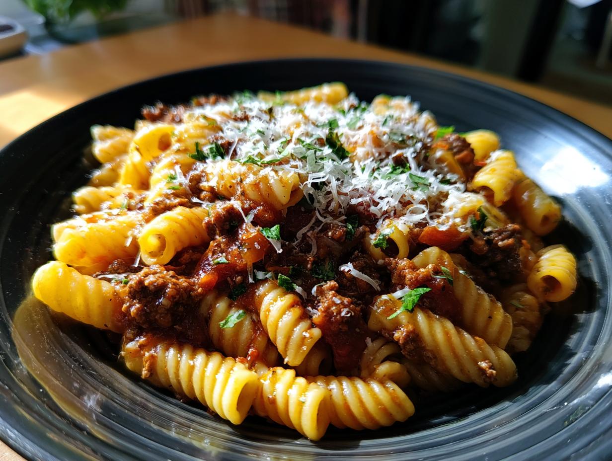 A close-up of a bowl of Creamy High Protein Beef Pasta, topped with grated cheese and parsley.