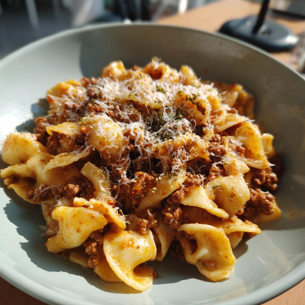 A close-up of a bowl filled with creamy high protein beef pasta, topped with grated cheese and herbs.