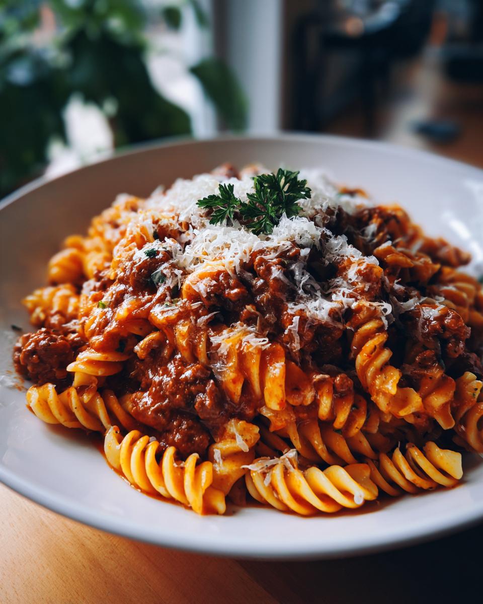 A bowl of creamy high protein beef pasta, topped with grated parmesan cheese and fresh parsley.