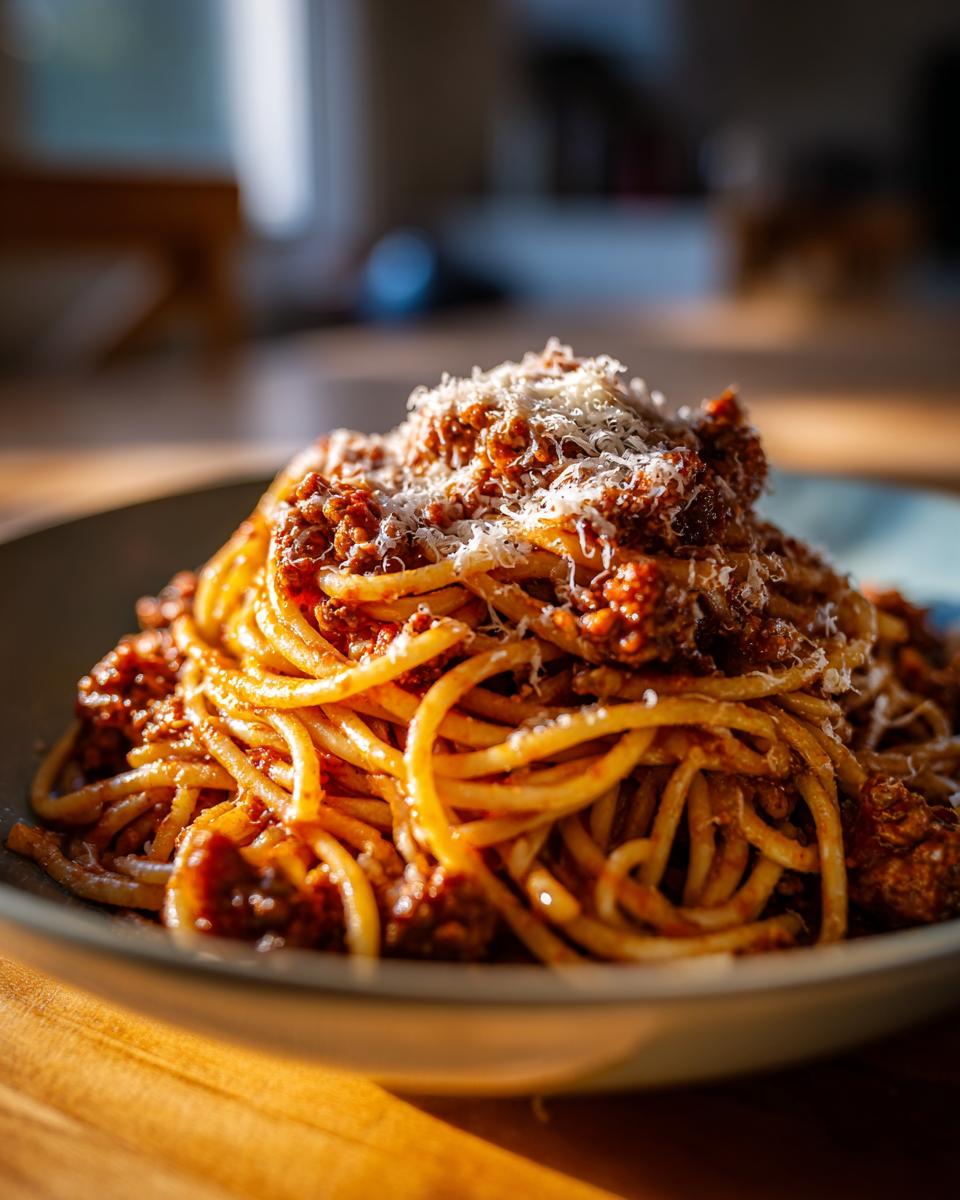 A close-up of a plate piled high with spaghetti topped with a rich, creamy high protein beef pasta sauce and grated Parmesan cheese.